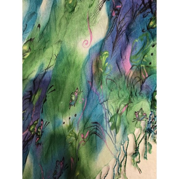 Hand-Painted Rayon Scarf Butterfly & Floral Design Green & Blue 60" x 22" - Picture 4 of 6